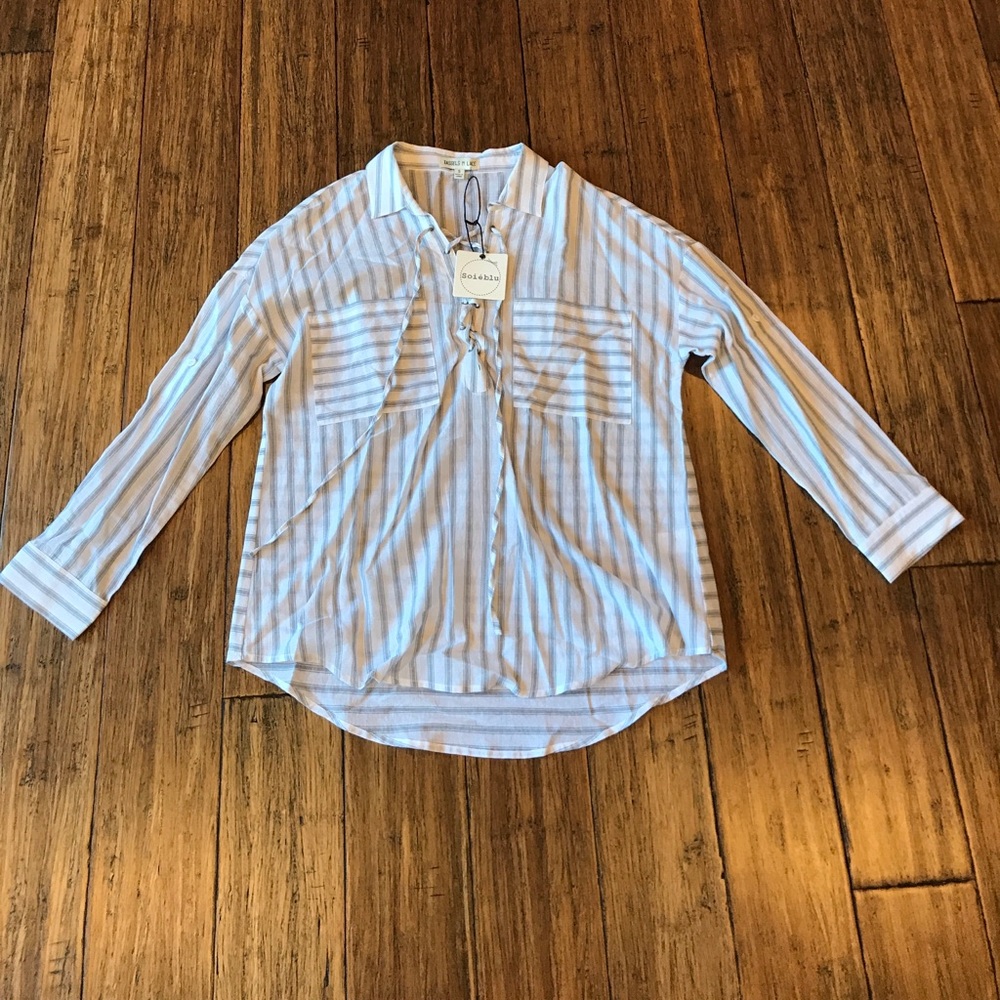 [LAST ONE] Grey & White Striped Lace Up Top - Picture 3 of 7